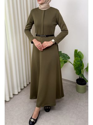 Haki Scuba Suni Deri Kemerli Elbise