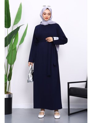 Lacivert Kolu Armalı Reglan Kol Basic Modal Kuşaklı Elbise