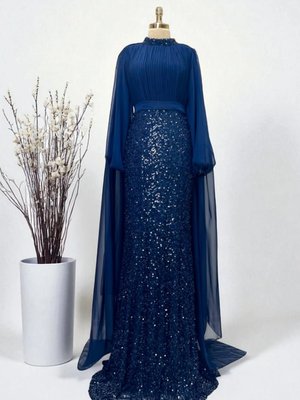 Lacivert Şifon Pelerin Detaylı Eteği Boncuk İşlemeli Büyük Beden Abiye Elbise