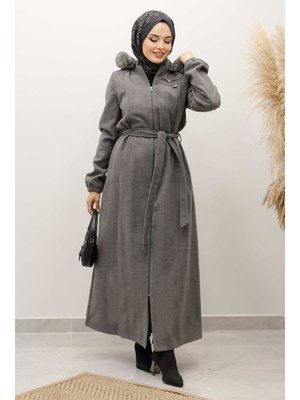 Gri Kolu Lastikli Fermuar Detaylı Kaşe Kaban