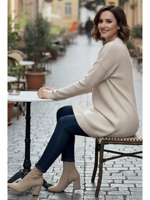 Taş Rengi Kolu Düğmeli Triko Kazak