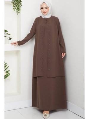 Kahverengi Büyük Beden Boncuklu Taşlı Anne Elbisesi