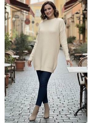 Bej Kolu Düğmeli Triko Kazak