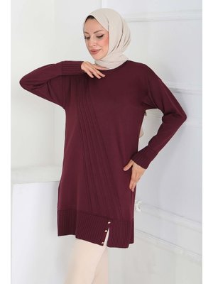 Murdum Mürdüm Düğmeli Fitilli Triko Tunik