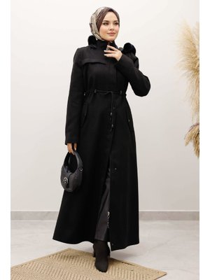 Siyah Beli Büzgülü Kaşe Kaban