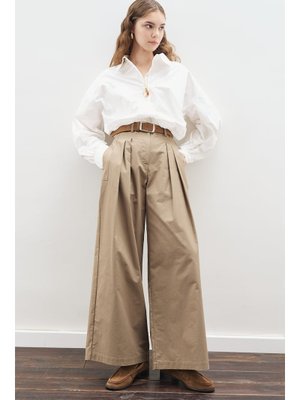 Haki Geniş Pileli Gabardin Pantolon