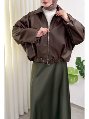 Kahverengi Kemer Detaylı Bomber Suni Deri Ceket