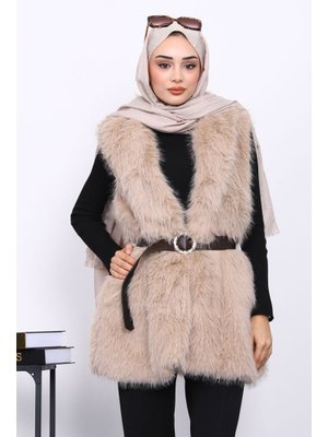 Vizon Bel Kemerli Çift Cepli Kürk Yelek