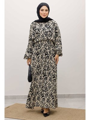 Bej Beli Lastikli Yarasa Kol Viskon Elbise