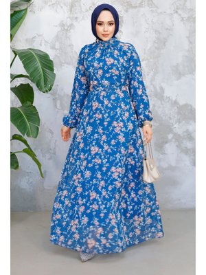 Çiçek Desenli Petrol Mavisi Elbise 52682pm