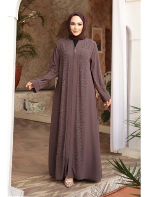 Boncuk İşlemeli Açık Kahverengi Ferace 29127akh