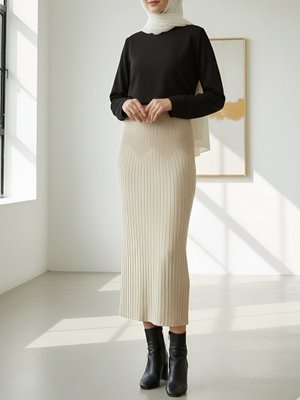 Krem Beli Lastikli Pliseli Triko Etek