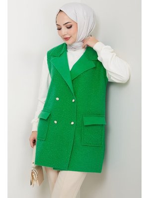 Yeşil Kapak Cepli Düğmeli Yelek