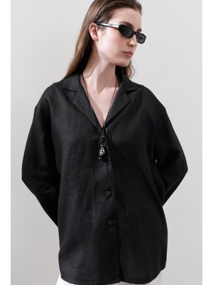 Siyah Keten Geniş Kollu Gömlek