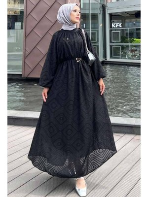 Desenli Siyah Elbise 14291s