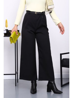 Siyah Kemerli Yan Fermuarlı Pantolon