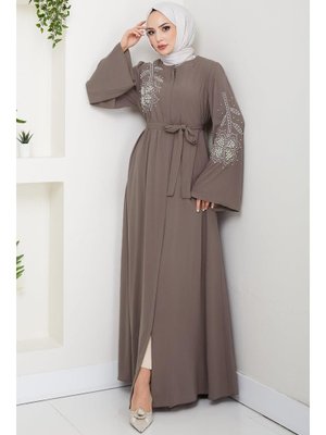 Açık Kahve İncili Çiçek Motifli Kuşaklı Ferace