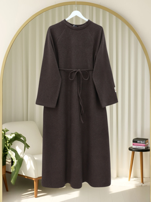 Kahve Beli Bağlamalı Yuvarlak Yaka Selanik Elbise