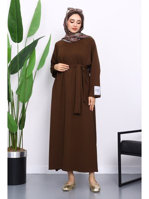 Kahverengi Kolu Armalı Reglan Kol Basic Modal Kuşaklı Elbise