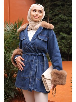 Mavi Kol Yaka Kürklü Kot Ceket