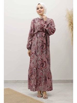 Bordo Şal Desen Kuşaklı Elbise