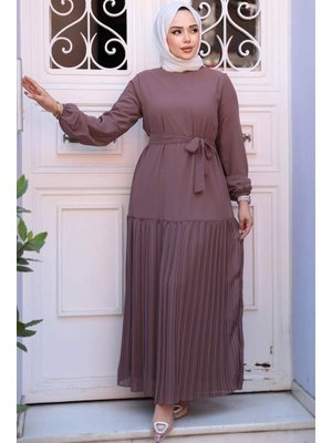 Etek Ucu Pileli Koyu Gül Kurusu Elbise 23771kgk