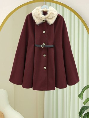 Bordo Yakası Kürklü Beli Kemerli Düğmeli Kaşe Panço