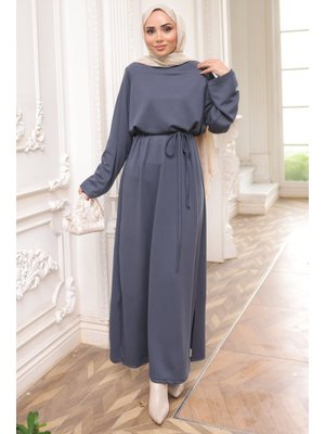 Füme Bisiklet Yaka Bel Kuşaklı Elbise