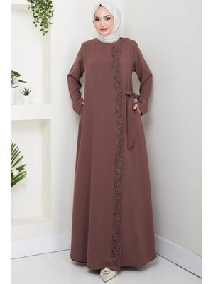 Kahverengi Gizli Fermuarlı Yandan Bağlamalı Boncuklu Ferace