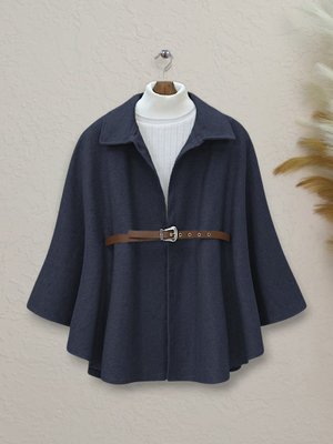 Laci Omuzu Düğmeli Beli Kemerli Kaşe Panço