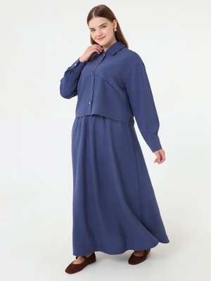 Lacivert Yumuşak Tuşeli Gold Düğme Detaylı Gömlek & Etek Büyük Beden Takım