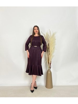 Mor Büyük Beden Alt Etek Kısmı Balık Detaylı Kemerli Elbise