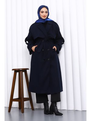 Lacivert Kravuze Yaka Astarlı Kaşe Kaban