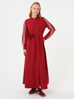 Krep Kumaşlı Çizgili Şerit Detaylı Kap / Pardesü Kiremit