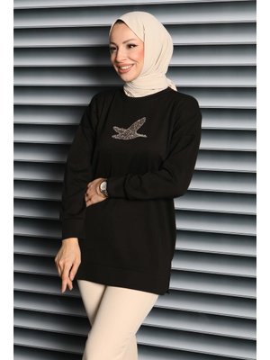 Sıyah Siyah Kuş Taşlı İşlemeli Modal Tunik
