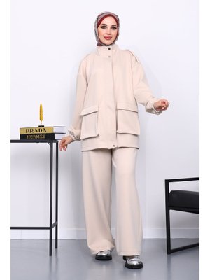 Bej Fermuarlı Scuba Ceket Pantolonlu Takım