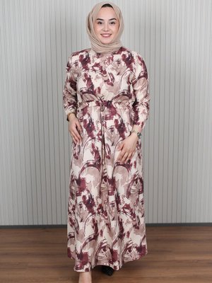 Bordo Bağlamalı Detaylı Desenli Elbise