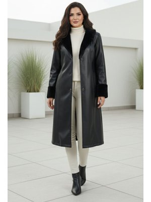 Siyah Yakası Ve Kolları Kürk Detaylı Deri Kaban