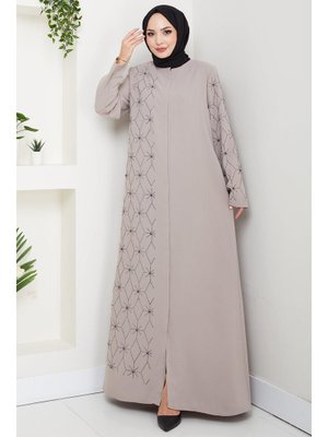 Bej Gizli Patlı Yarım Taşlı Ferace