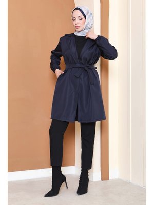 Lacıvert Lacivert Kuşaklı Kolu Lastikli Miranda Trençkot