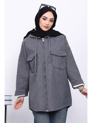 Füme Kapüşonlu Çift Cepli Kaşe Ceket