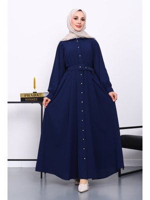 Lacivert Bel Kemerli Elbise