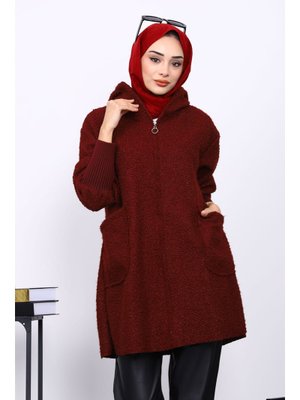 Bordo Fermuarlı Cepli Buklet Kaban