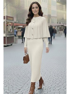 Ekru Bolerolu Triko Elbise