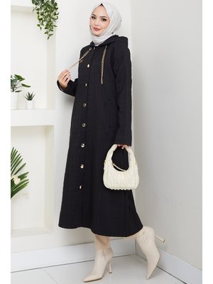 Siyah Zincir Detay Düğmeli Kapitone Kap