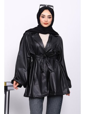 Siyah Balon Kol Kuşaklı Deri Ceket