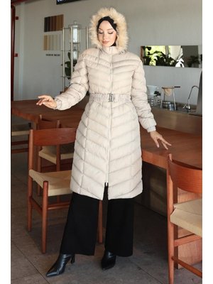 Bej Kapüşonlu Şişme Mont