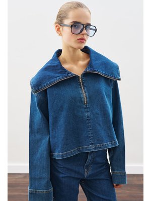 Koyu Mavi Geniş Yakalı Denim Bluz