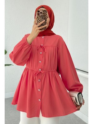 Nar Çiçeği Büzgü Detaylı Bağcıklı Tunik