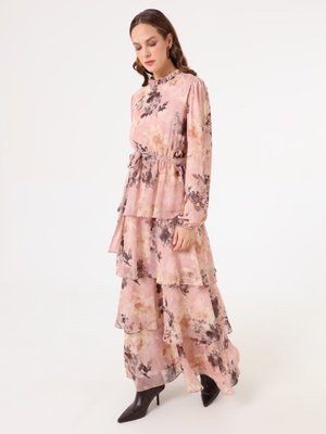 Pudra Çiçek Desenli Balon Kollu Katlı Şifon Elbise